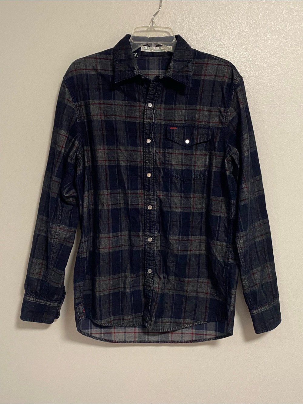 Criquet Plaid button up shirt Men's Size Medium Black Gray Micro Corduroy Shirt